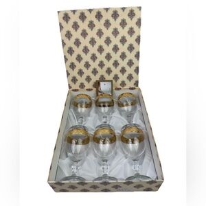 VTG Set Of 6 J Preziosi Lavorato Italy Wine Water Glasses Goblets Gold Rim W/Box
